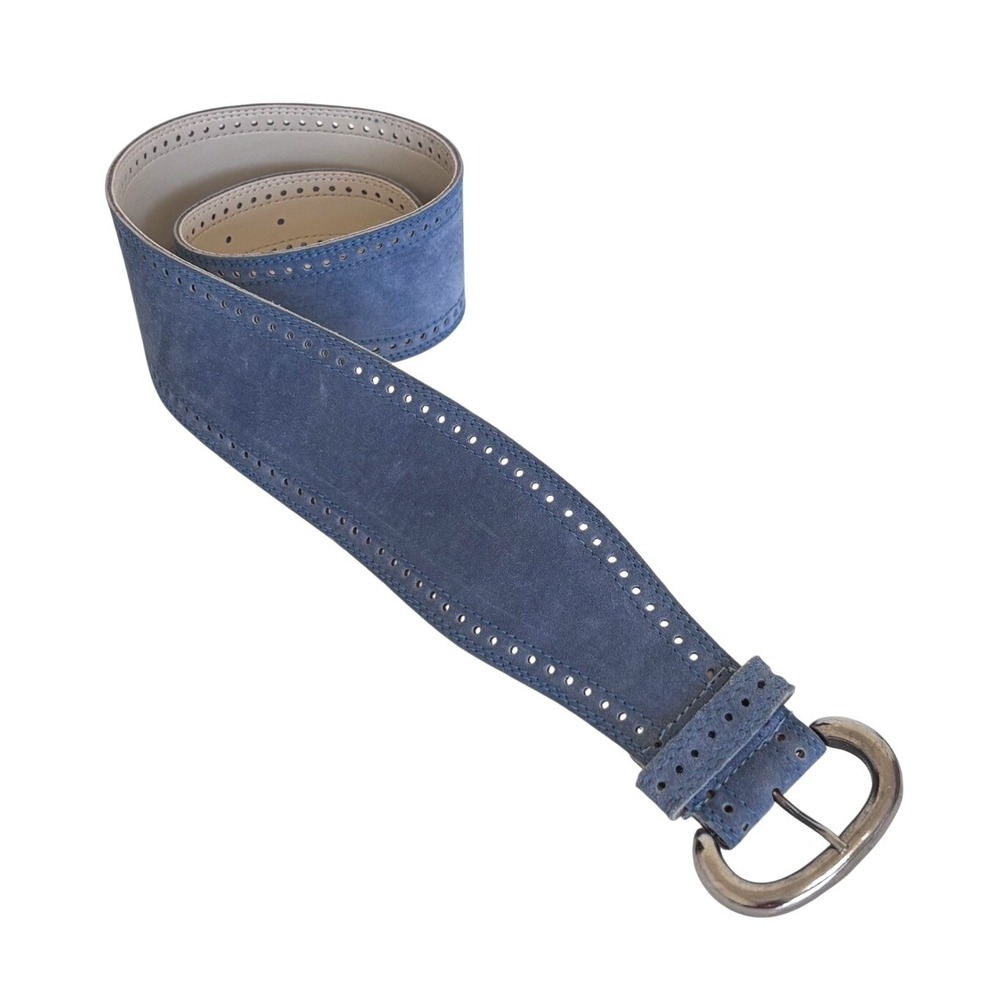 Vintage 80s Axcess Wide Suede Boho Belt Small Blue Statement Perforated Leather